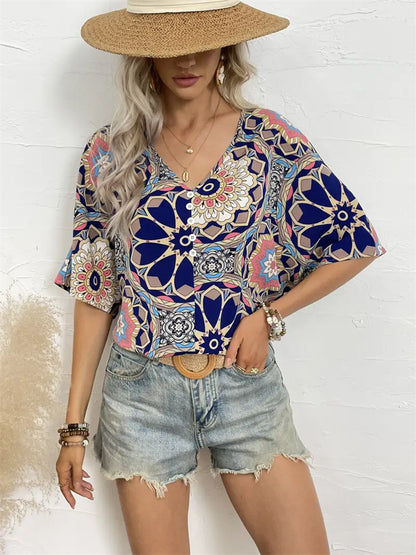 Geometric Floral Print Bat-Sleeve Top with V-Neck
