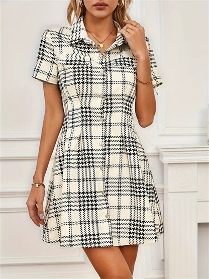 Houndstooth Shirt Dress with Lapel Collar and Cinched Waist