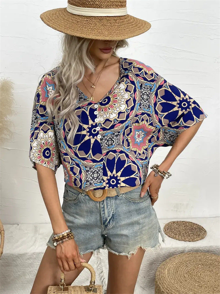 Geometric Floral Print Bat-Sleeve Top with V-Neck