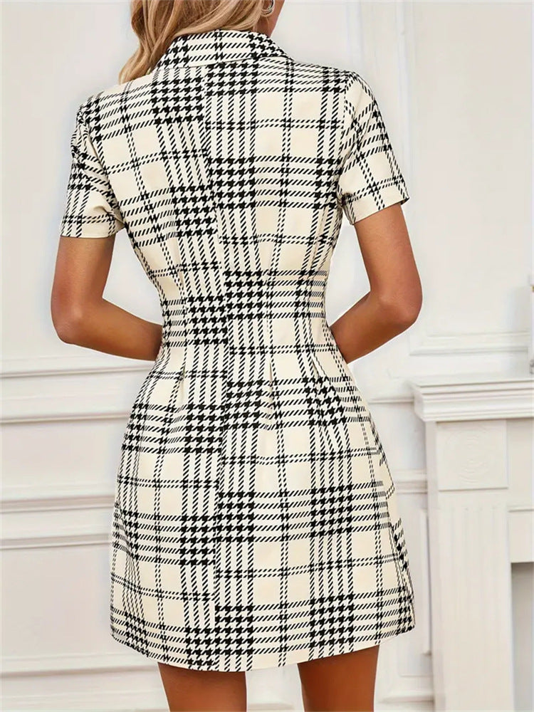 Houndstooth Shirt Dress with Lapel Collar and Cinched Waist