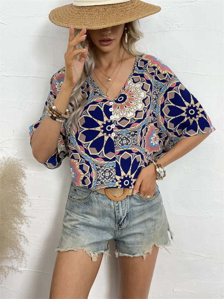 Geometric Floral Print Bat-Sleeve Top with V-Neck