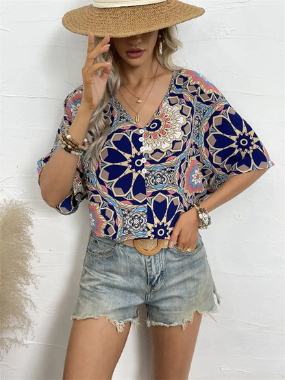Geometric Floral Print Bat-Sleeve Top with V-Neck