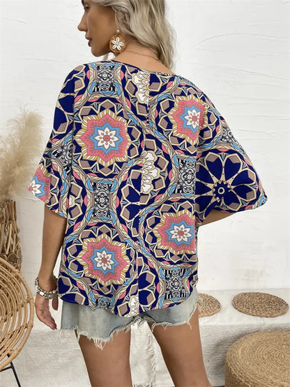 Geometric Floral Print Bat-Sleeve Top with V-Neck