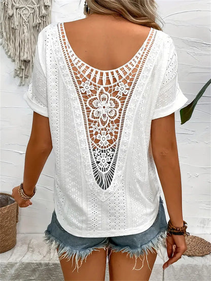 Short-Sleeve Eyelet Knit Top with Crochet Lace V-Back