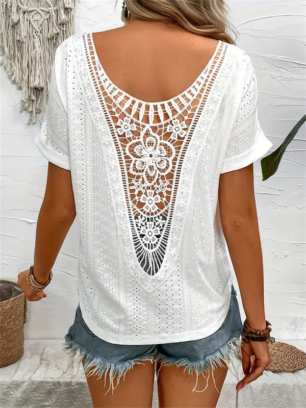 Short-Sleeve Eyelet Knit Top with Crochet Lace V-Back