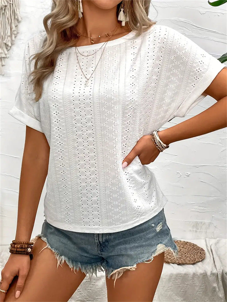Short-Sleeve Eyelet Knit Top with Crochet Lace V-Back