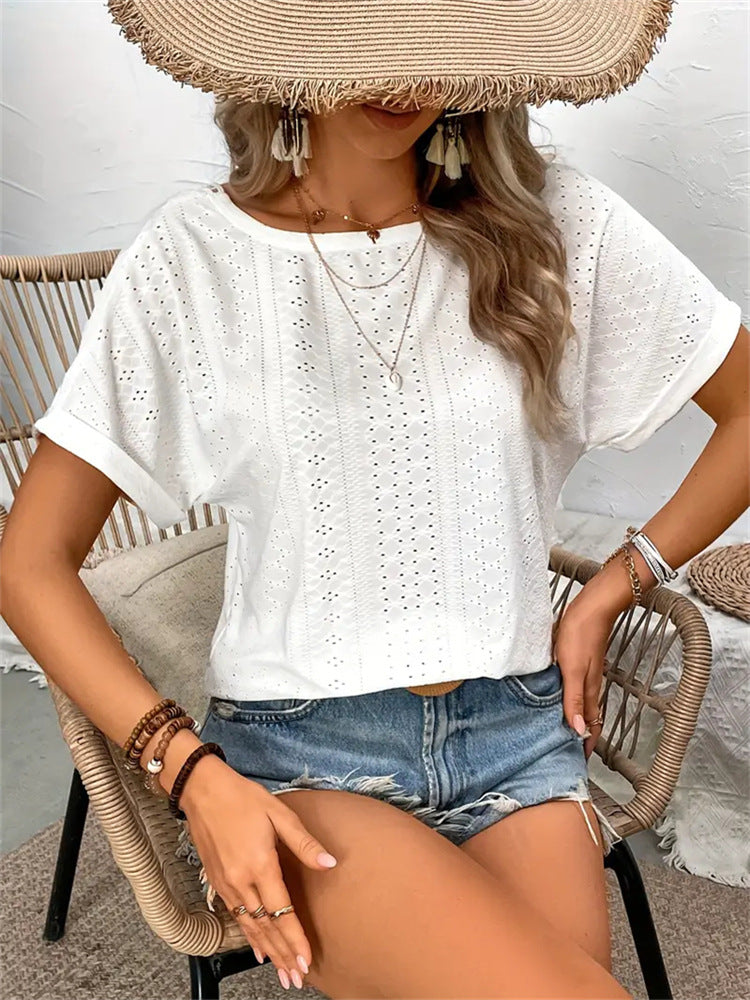 Short-Sleeve Eyelet Knit Top with Crochet Lace V-Back