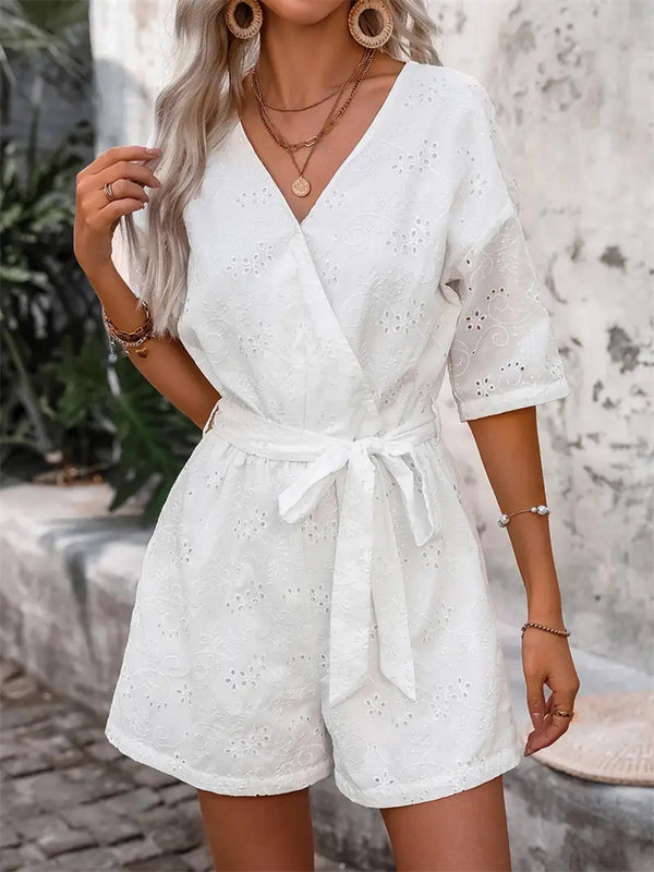 Eyelet Romper with Wrap V-Neck and Self-Tie Waist