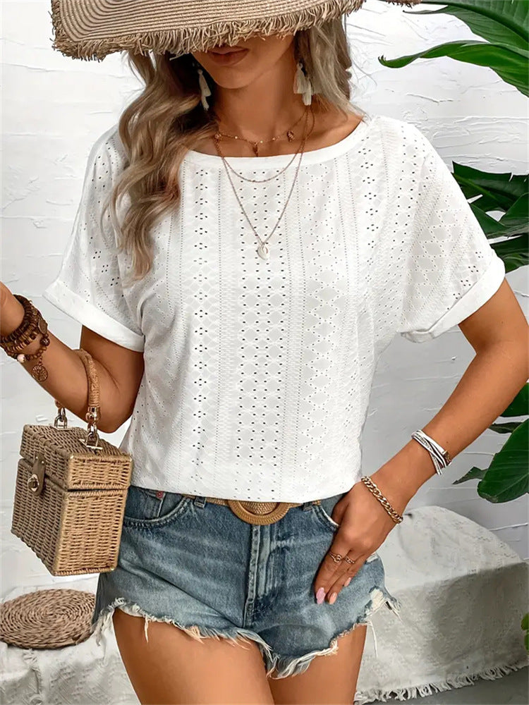 Short-Sleeve Eyelet Knit Top with Crochet Lace V-Back