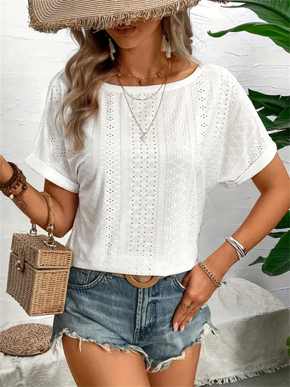 Short-Sleeve Eyelet Knit Top with Crochet Lace V-Back