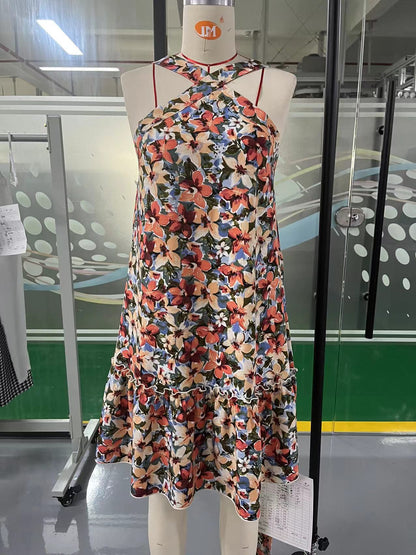 Floral Print Halter Mini Dress with Tie-Waist and Tiered Hem