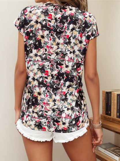 Tropical Floral Print Pullover Top with V-Neck and Short Sleeves