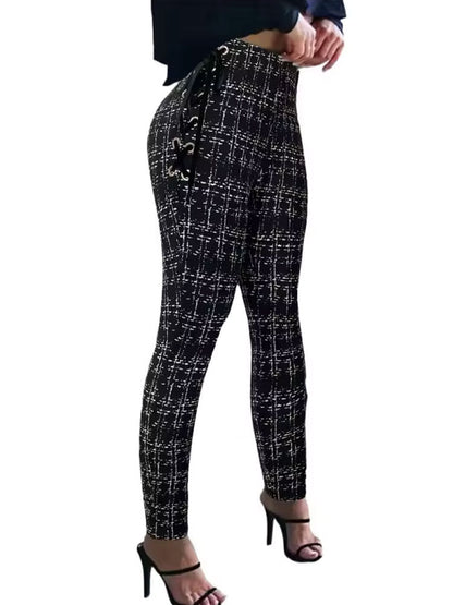 Slim Tweed-Print Pants with High-Waist and Side Lace-Up