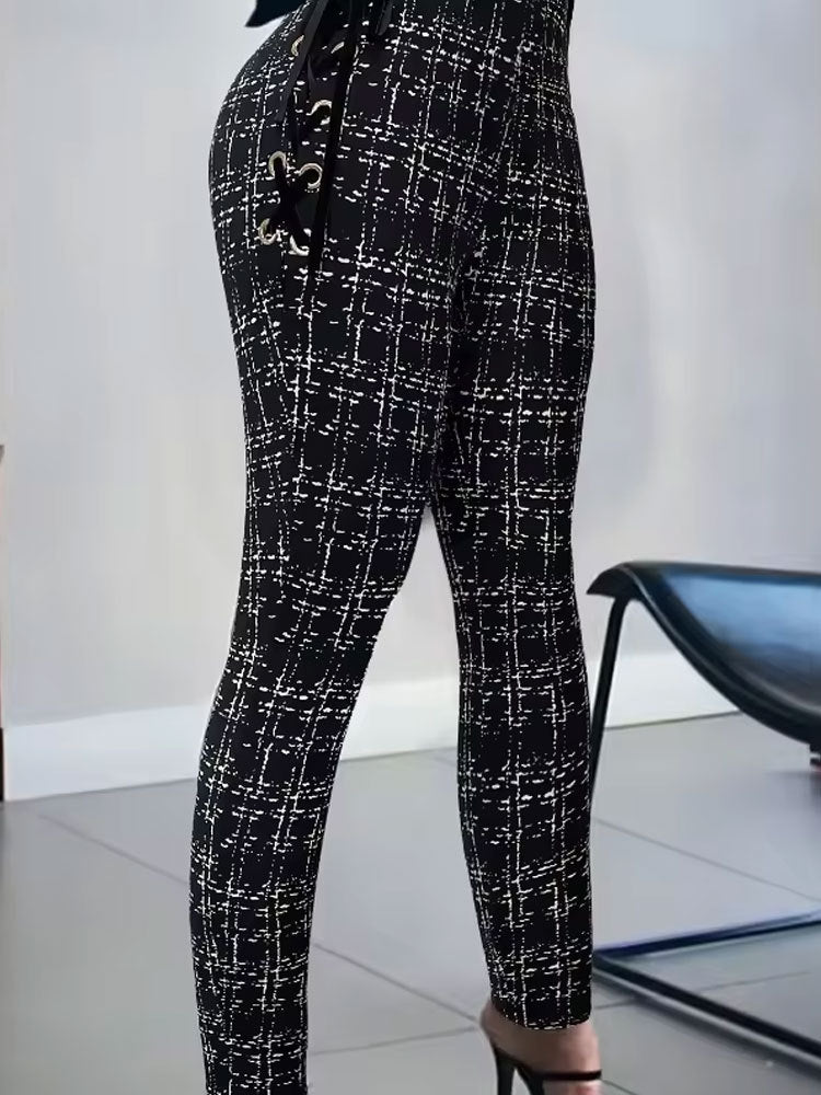 Slim Tweed-Print Pants with High-Waist and Side Lace-Up