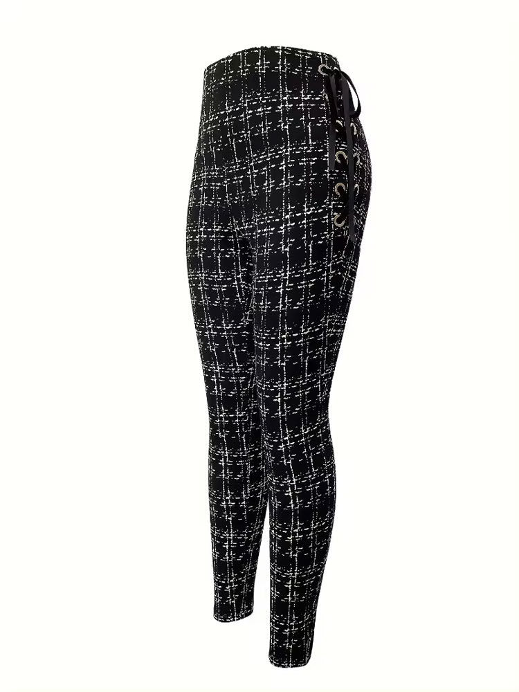 Slim Tweed-Print Pants with High-Waist and Side Lace-Up
