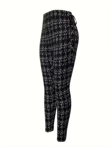 Slim Tweed-Print Pants with High-Waist and Side Lace-Up