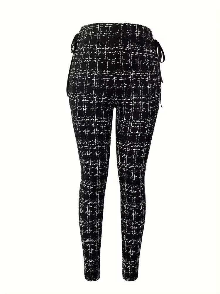 Slim Tweed-Print Pants with High-Waist and Side Lace-Up