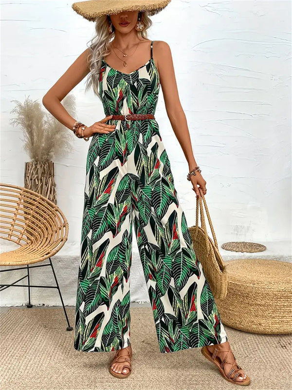 Tropical Leaf Print Jumpsuit with Wide-Leg and Cami Straps