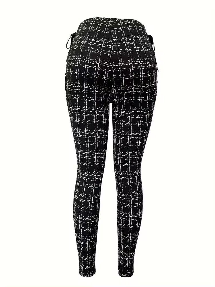 Slim Tweed-Print Pants with High-Waist and Side Lace-Up