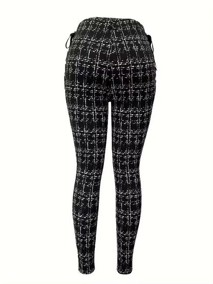 Slim Tweed-Print Pants with High-Waist and Side Lace-Up