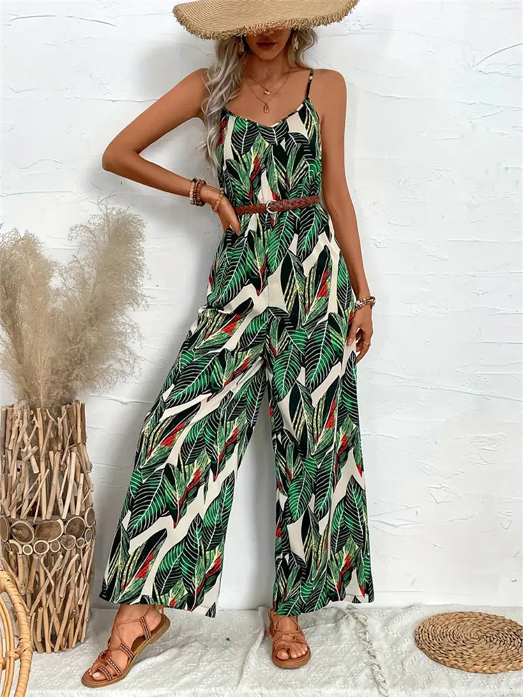 Tropical Leaf Print Jumpsuit with Wide-Leg and Cami Straps
