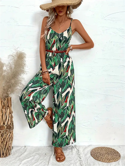 Tropical Leaf Print Jumpsuit with Wide-Leg and Cami Straps