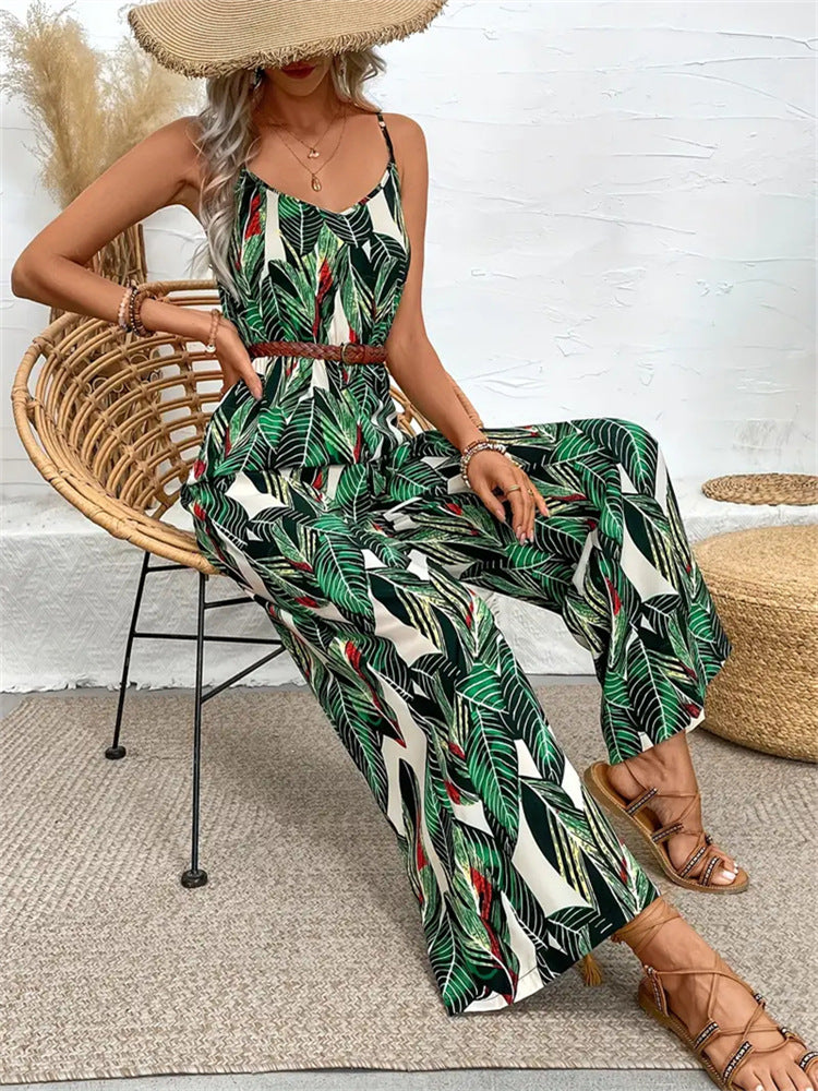 Tropical Leaf Print Jumpsuit with Wide-Leg and Cami Straps