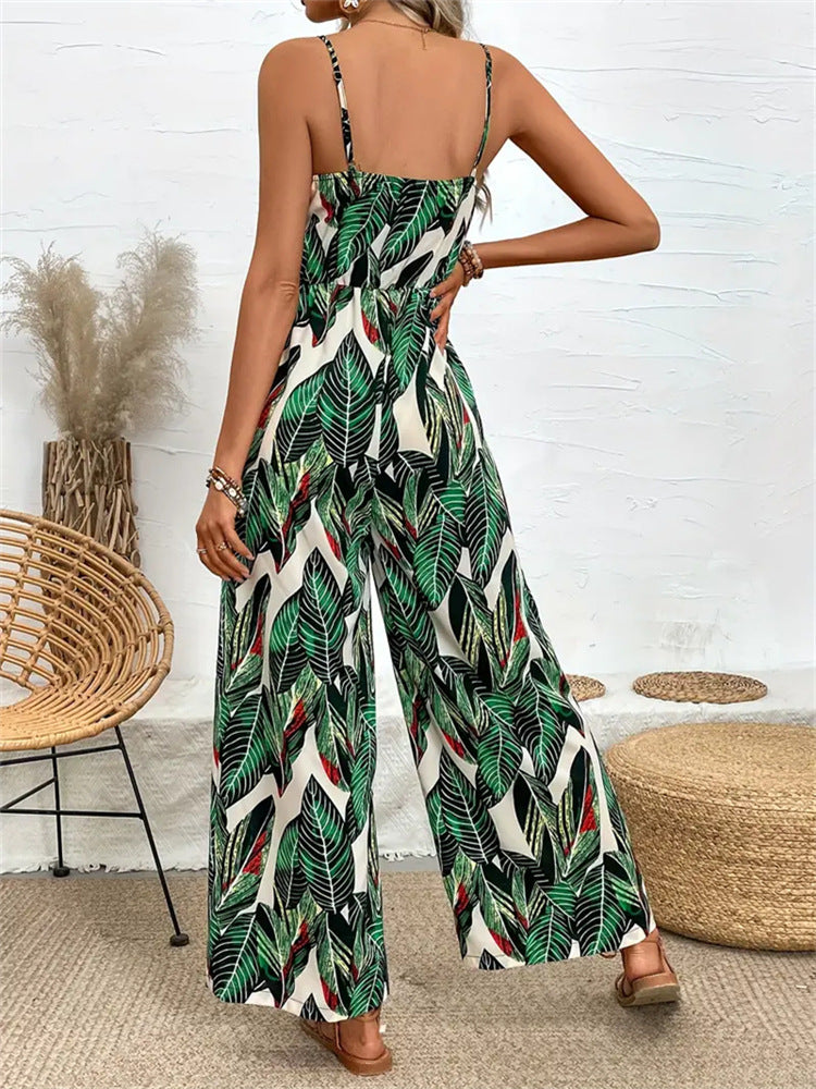 Tropical Leaf Print Jumpsuit with Wide-Leg and Cami Straps