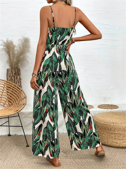 Tropical Leaf Print Jumpsuit with Wide-Leg and Cami Straps
