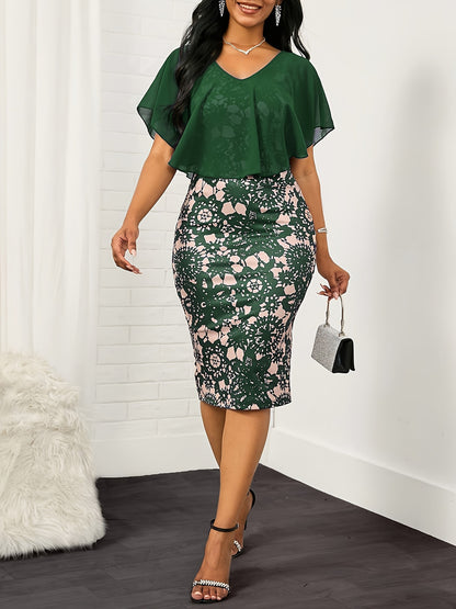 Floral Print Sheath Dress with V-Neck Overlay Top