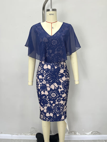Floral Print Sheath Dress with V-Neck Overlay Top