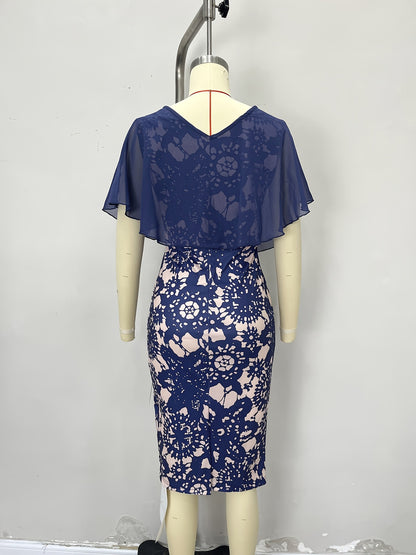Floral Print Sheath Dress with V-Neck Overlay Top