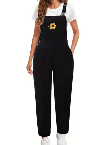 Loose Fit Corduroy Overalls with Embroidered Sunflower