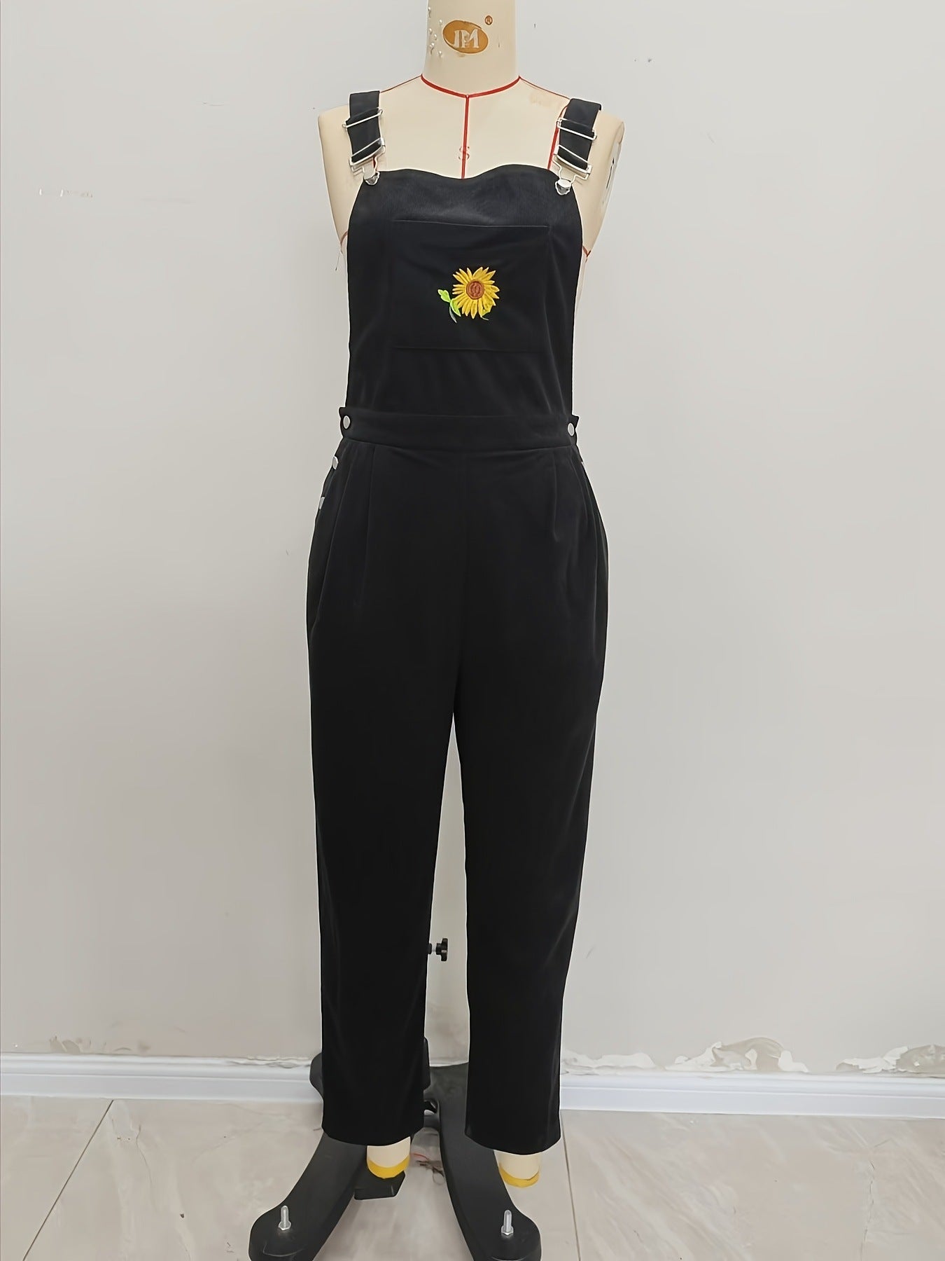 Loose Fit Corduroy Overalls with Embroidered Sunflower