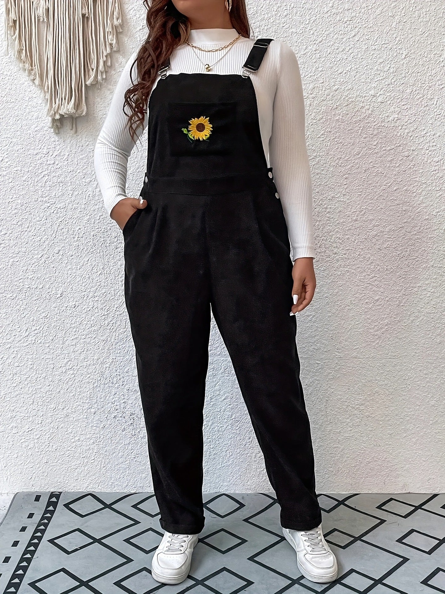 Loose Fit Corduroy Overalls with Embroidered Sunflower