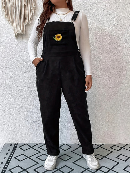 Loose Fit Corduroy Overalls with Embroidered Sunflower