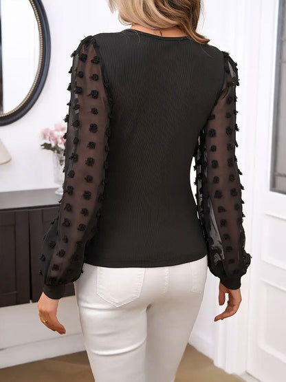 Ribbed Knit V-Neck Top with Sheer Textured Dot Puff Sleeves