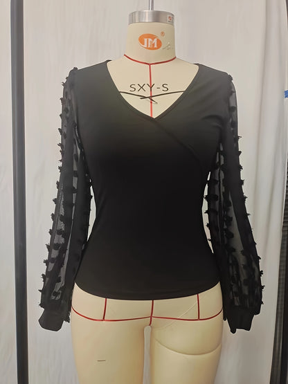 Ribbed Knit V-Neck Top with Sheer Textured Dot Puff Sleeves
