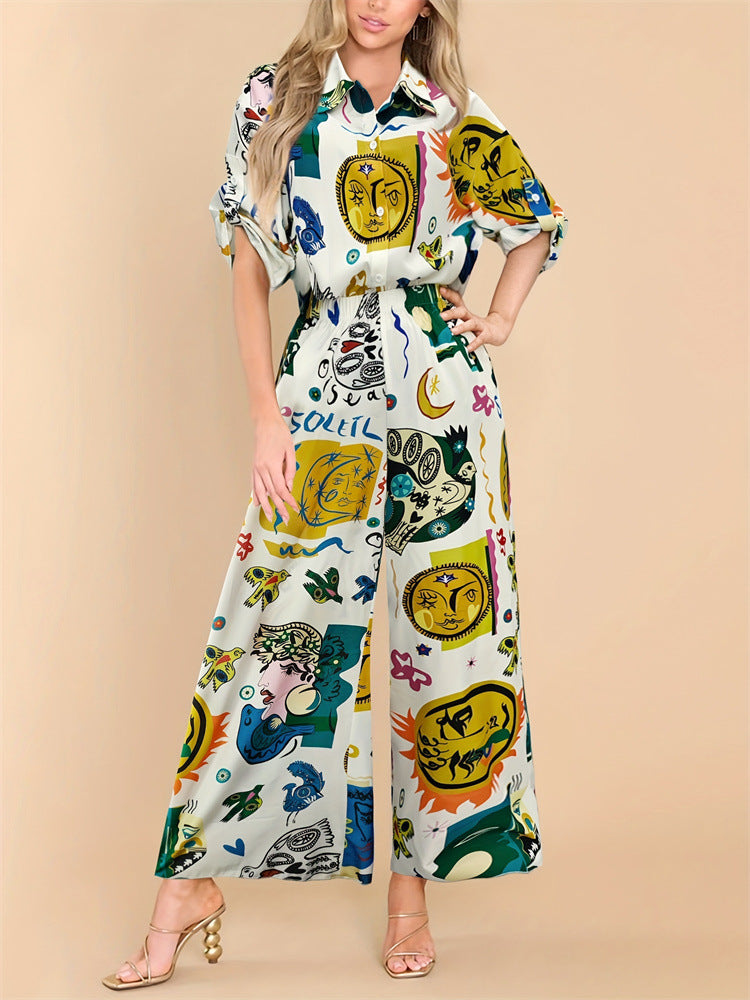 Graffiti Print Short-Sleeved Shirt & Wide-Leg Trousers Set