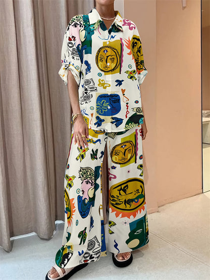 Graffiti Print Short-Sleeved Shirt & Wide-Leg Trousers Set