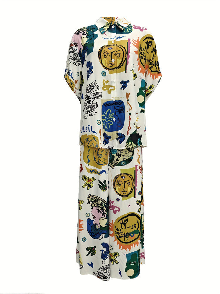 Graffiti Print Short-Sleeved Shirt & Wide-Leg Trousers Set
