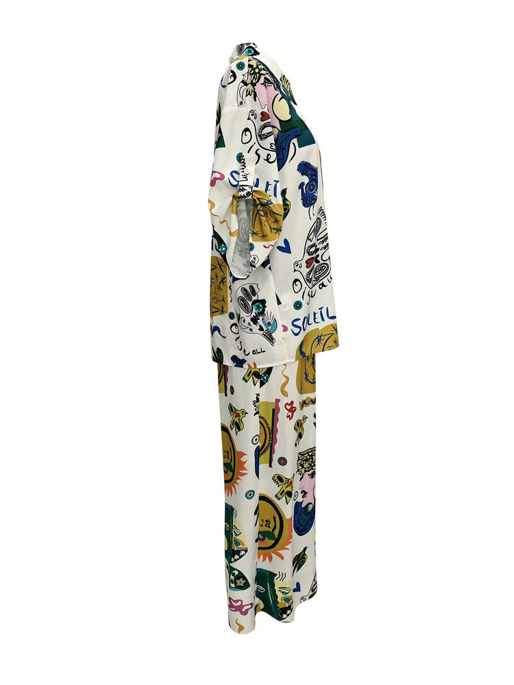 Graffiti Print Short-Sleeved Shirt & Wide-Leg Trousers Set