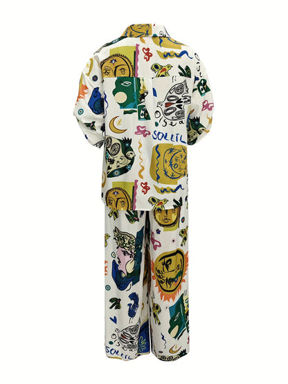 Graffiti Print Short-Sleeved Shirt & Wide-Leg Trousers Set