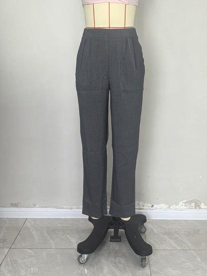 Straight-Leg Trousers with Pleated Front and Elastic Waist