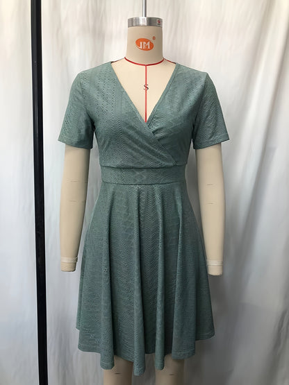 A-Line Short Sleeve Dress with V-Neck and Eyelet Knit
