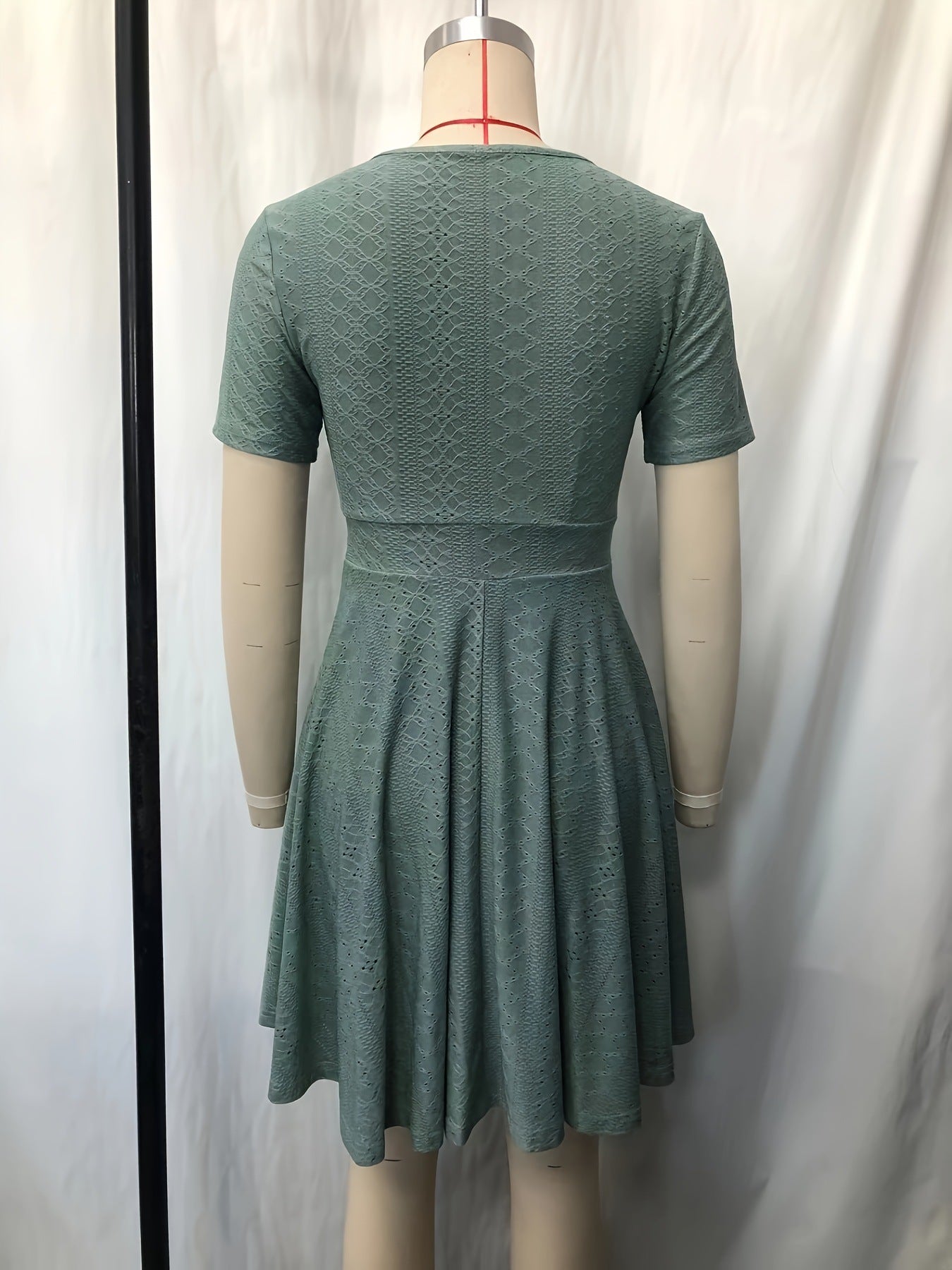 A-Line Short Sleeve Dress with V-Neck and Eyelet Knit