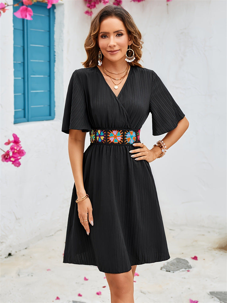 A-Line Wrap Dress with Flutter Sleeves and Geometric Embroidered Belt