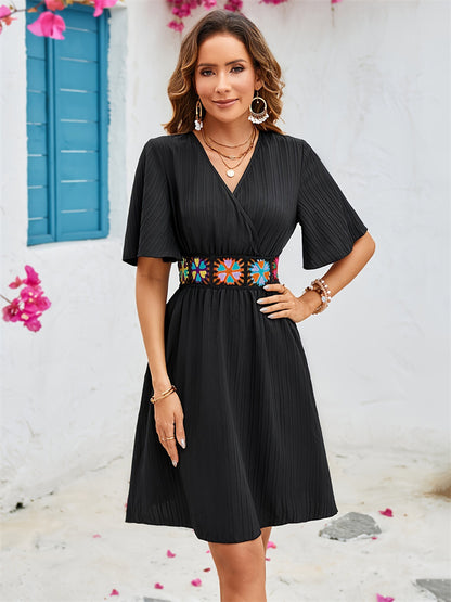 A-Line Wrap Dress with Flutter Sleeves and Geometric Embroidered Belt