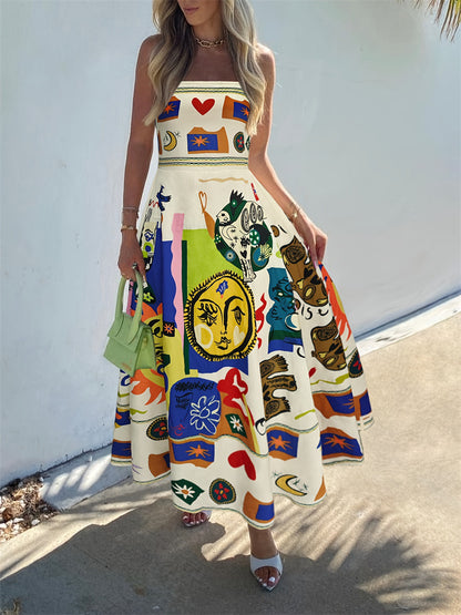 Colorful Graffiti Print A-Line Maxi Dress with Sling Straps