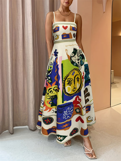 Colorful Graffiti Print A-Line Maxi Dress with Sling Straps